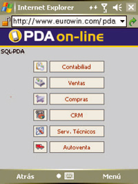 Pantalla de acceso al software Eurowin PDA ONLINE, a través de internet mediante una PDA o un Iphone.
